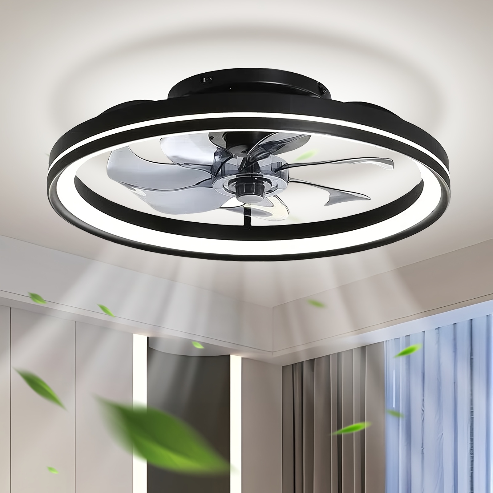 20" Sleek Black Ceiling Fan With Integrated Light, Low Profile Flush Mount, 6 Wind , Dimmable Led, For Bedroom