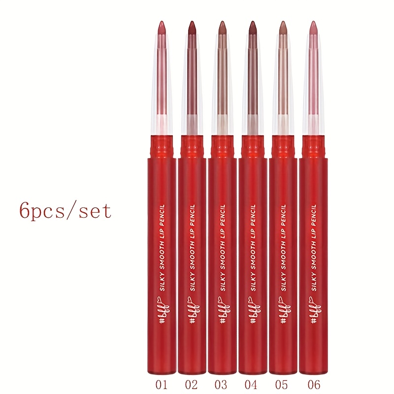 Set Of 6 Durable, Waterproof Matte Nude Lip Liners - Pigmented, Retractable, Easy To Apply, Natural , Ideal For Valentine's Day And