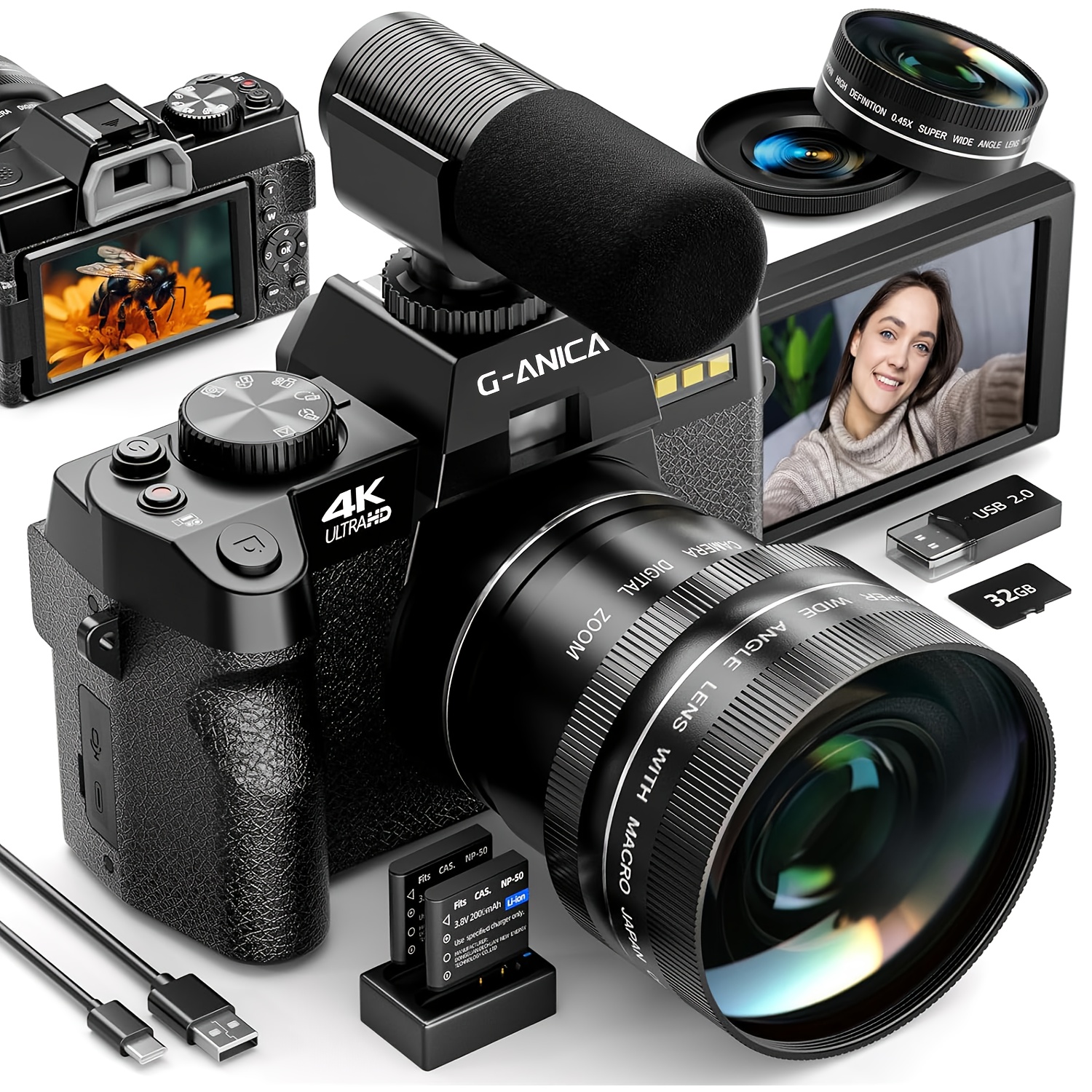 Nbd 4k Digital Cameras For Photography, 48mp Camara Fotograficas, Travel Vlogging Cameras With 16x Digital Zoom, Flip Screen, 52mm Macro Lens, 2 Batteries, 32gb Sd Card(black)
