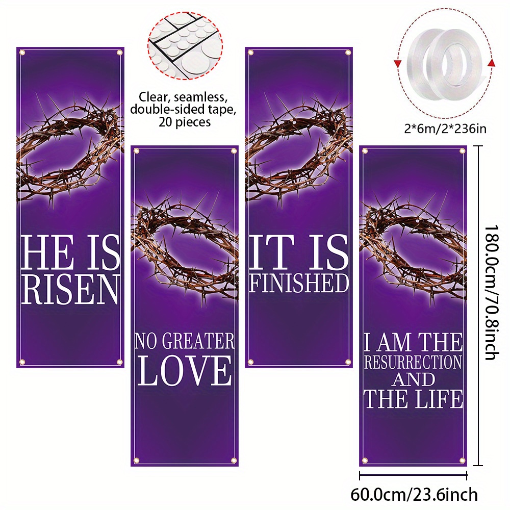 2d Flat, 2d Flat - 2d Flat, 2d Flat - 2d Flat Banners, 4pcs Of Easter Church Banners, Made Of Polyester, Featuring Scripture, Purple Easter Party Banners For Worship Wall Decor, Bible Verses
