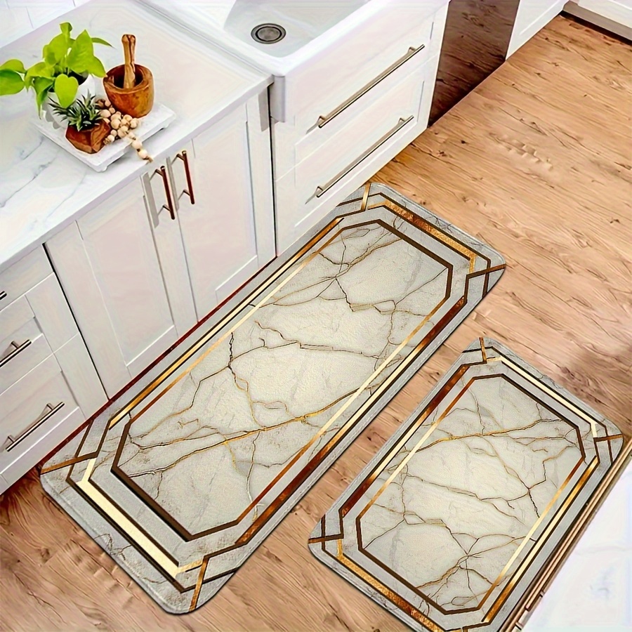2/3pcs Spring/summer Kitchen Set, Marble Style Gold-plated Printed Kitchen Mat, Spring/summer Kitchen Home Decor, Easter Home Decor, Daily Room Entrance Decorative Mat