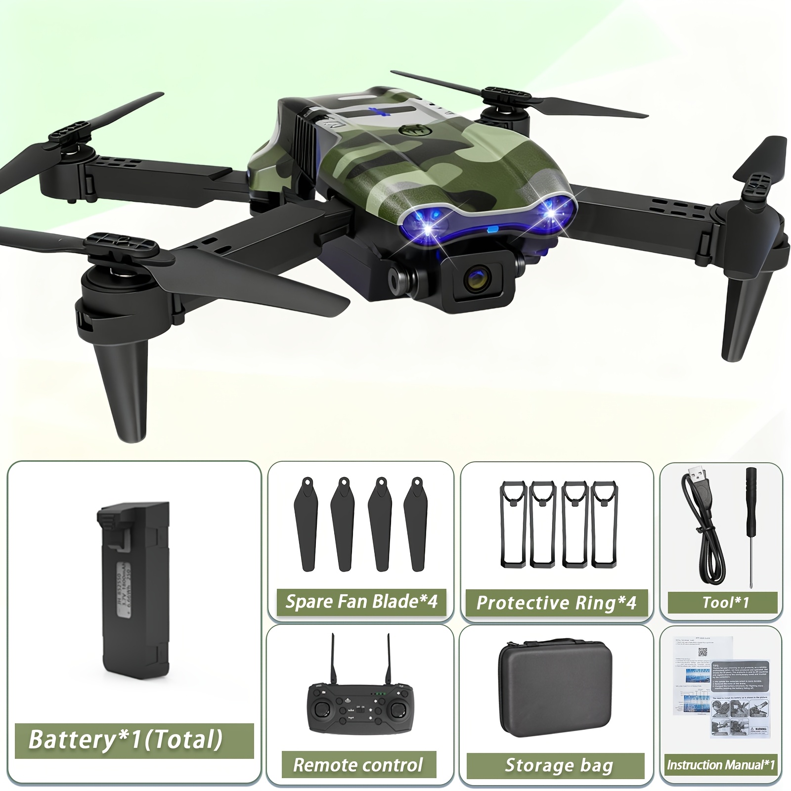 A Foldable Drone With Camouflage Design, Featuring Dual Hd Cameras, 360° Flips, One-button /landing, Wifi For Mobile Apps, And For Easy Operation. The E88 And E99 Offer Different Model Options